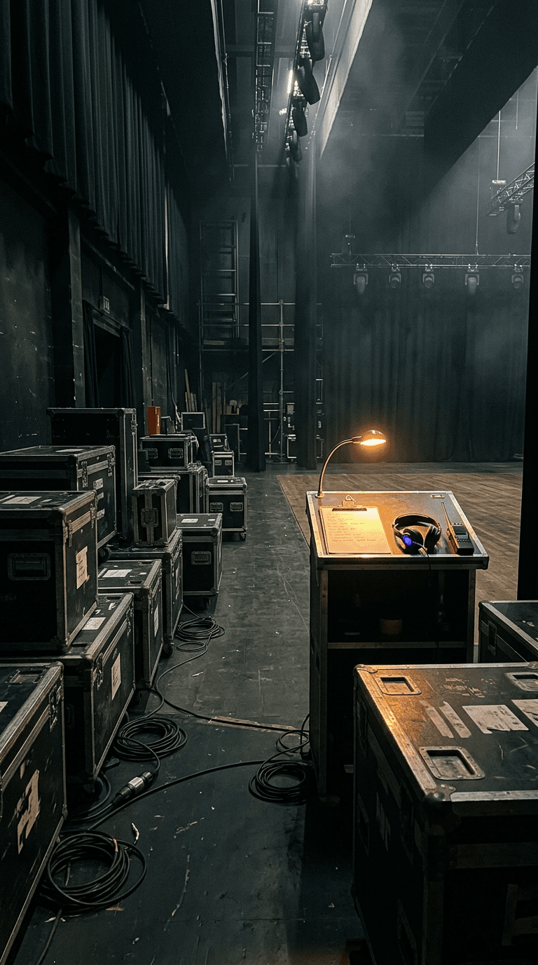 Road cases stacked backstage beside a stage manager's lit podium